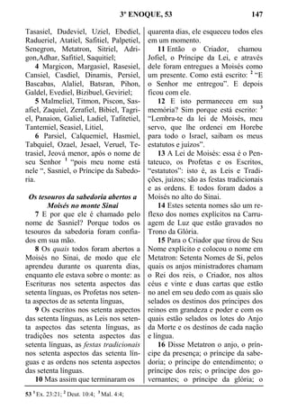 3º ENOQUE, 53 147
Tasasiel, Dudeviel, Uziel, Ebediel,
Radueriel, Atatiel, Safitiel, Palpetiel,
Senegron, Metatron, Sitriel, Adri-
gon,Adhar, Safitiel, Saquitiel;
4 Margicon, Margasiel, Rasesiel,
Cansiel, Casdiel, Dinamis, Persiel,
Bascabas, Alaliel, Batsran, Pihon,
Galdel, Evediel, Bizibuel, Geviriel;
5 Malmeliel, Titmon, Piscon, Sas-
afiel, Zaquiel, Zerafiel, Bibiel, Tagri-
el, Panaion, Galiel, Ladiel, Tafitetiel,
Tantemiel, Seasiel, Litiel,
6 Parsiel, Calquemiel, Hasmiel,
Tabquiel, Ozael, Jesael, Veruel, Te-
trasiel, Jeová menor, após o nome de
seu Senhor 1
“pois meu nome está
nele “, Sasniel, o Príncipe da Sabedo-
ria.
Os tesouros da sabedoria abertos a
Moisés no monte Sinai
7 E por que ele é chamado pelo
nome de Sasniel? Porque todos os
tesouros da sabedoria foram confia-
dos em sua mão.
8 Os quais todos foram abertos a
Moisés no Sinai, de modo que ele
aprendeu durante os quarenta dias,
enquanto ele estava sobre o monte: as
Escrituras nos setenta aspectos das
setenta línguas, os Profetas nos seten-
ta aspectos de as setenta línguas,
9 Os escritos nos setenta aspectos
das setenta línguas, as Leis nos seten-
ta aspectos das setenta línguas, as
tradições nos setenta aspectos das
setenta línguas, as festas tradicionais
nos setenta aspectos das setenta lín-
guas e as ordens nos setenta aspectos
das setenta línguas.
10 Mas assim que terminaram os
quarenta dias, ele esqueceu todos eles
em um momento.
11 Então o Criador, chamou
Jofiel, o Príncipe da Lei, e através
dele foram entregues a Moisés como
um presente. Como está escrito: 2
“E
o Senhor me entregou”. E depois
ficou com ele.
12 E isto permaneceu em sua
memória? Sim porque está escrito: 3
“Lembra-te da lei de Moisés, meu
servo, que lhe ordenei em Horebe
para todo o Israel, saibam os meus
estatutos e juízos”.
13 A Lei de Moisés: essa é o Pen-
tateuco, os Profetas e os Escritos,
“estatutos”: isto é, as Leis e Tradi-
ções, juízos; são as festas tradicionais
e as ordens. E todos foram dados a
Moisés no alto do Sinai.
14 Estes setenta nomes são um re-
flexo dos nomes explícitos na Carru-
agem de Luz que estão gravados no
Trono da Glória.
15 Para o Criador que tirou de Seu
Nome explícito e colocou o nome em
Metatron: Setenta Nomes de Si, pelos
quais os anjos ministradores chamam
o Rei dos reis, o Criador, nos altos
céus e vinte e duas cartas que estão
no anel em seu dedo com as quais são
selados os destinos dos príncipes dos
reinos em grandeza e poder e com os
quais estão selados os lotes do Anjo
da Morte e os destinos de cada nação
e língua.
16 Disse Metatron o anjo, o prín-
cipe da presença; o príncipe da sabe-
doria; o príncipe do entendimento; o
príncipe dos reis; o príncipe dos go-
vernantes; o príncipe da glória; o
53 1
Ex. 23:21; 2
Deut. 10:4; 3
Mal. 4:4;
 