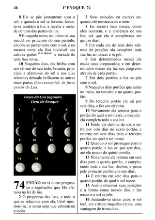 46 1º ENOQUE, 74
8 Ela se põe juntamente com o
sol; e quando o sol se levanta, levan-
ta-se também a luz, e recebe a meta-
de de uma das partes da luz.
9 E naquela noite, no início da sua
manhã no princípio do seu período,
ela põe-se juntamente com o sol, e na
mesma noite ela fica invisível nas
catorze partes (Ver figura)
e metade de
uma (lua nova).
10 Naqueles dias, ela brilha com
um sétimo do seu todo, levanta, prin-
cipia a afastar-se do sol e nos dias
restantes deixado brilharem as outras
treze partes (lua crescente). As fases
anuais da Lua.
ENTÃO eu vi outro progres-
so e regulações que Ele efe-
tuou na lei da lua.
2 O progresso das luas, e tudo o
que se relaciona com ela, Uriel mos-
trou-me, o santo anjo que administra
a todos.
3 Suas estações eu escrevi en-
quanto ele mostrava-os a mim.
4 Eu escrevi teus meses, como
eles ocorrem, e a aparência de sua
luz, até que ela é completada em
quinze dias.
5 Em cada um de seus dois séti-
mos de porções ela completa toda
sua luz ao nascer e se pôr.
6 Em determinados meses ela
muda seus crepúsculos; e em deter-
minados meses ela faz seu progresso
através de cada portão.
7 Em dois portões a lua se põe
com o sol.
8 Naqueles dois portões que estão
no meio, no terceiro e no quarto por-
tão.
9 Do terceiro portão ela sai por
sete dias, e faz seu circuito.
10 Novamente ela retorna para o
portão do qual o sol nasce, e naquele
ela completa toda a sua luz.
11 Então ela declina do sol, e en-
tra por oito dias no sexto portão, e
retorna em sete dias para o terceiro
portão, no qual o sol nasce.
12 Quando o sol prossegue para o
quarto portão, a lua sai por sete dias,
até ela passar do quinto portão.
13 Novamente ela retorna em sete
dias para o quarto portão, e comple-
tando toda a sua luz, declina, e passa
pelo primeiro portão em oito dias;
14 E retorna em sete dias para o
quarto portão, do qual o sol nasce.
15 Assim observei suas posições
e a forma como nesses dias a lua
nasce e o sol se põe.
16 Juntando-se cinco anos, o sol
terá, em virtude daqueles ciclos, uma
vantagem de trinta dias.
74
 