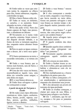 58 1º ENOQUE, 89
11 Então todas as vacas que esta-
vam juntas lá, enquanto eu olhava
para elas, foram submersas, tragadas,
e destruídas na água.
12 Mas o barco flutuou sobre ela.
13 Todas as vacas, os elefantes,
os camelos, e os jumentos foram
afogados na terra, e todo gado.
14 Eu não pude vê-los. Nem eles
foram capazes de fugir, mas perece-
ram, e afundaram no abismo.
15 Novamente eu vi numa visão
até aquelas cataratas foram removi-
das daquele elevado telhado, e as
fontes da terra se tornaram equaliza-
das, enquanto outros abismos foram
abertos;
16 Para os quais as águas começa-
ram a descer, até a terra seca apare-
cer.
17 O barco permaneceu na terra; a
escuridão retrocedeu; e se tornou em
luz.
18 Então a vaca branca, que se
tornou num homem, saiu do barco, e
três vacas com ele.
19 Uma das três vacas era branca,
assemelhando-se àquela vaca, uma
delas era vermelha como sangue; e
uma delas era negra.
20 E a vaca branca deixou-as.
21 Então feras selvagens e pássa-
ros começaram a surgir.
A partir da morte de Noé para o
Êxodo
22 De todos esses tipos diferentes
reuniram-se, leões, tigres, cachorros,
lobos, hienas, javalis, raposas, coe-
lhos, porcos, gaviões, milhafres,
águias, corvos e abutres.
23 Então a vaca branca c
nasceu
no meio deles.
24 E eles começaram a morder
um ao outro, enquanto a vaca branca,
que havia nascido no meio deles,
trouxe um jumento selvagem e uma
vaca branca ao mesmo tempo e de-
pois daquele muitos jumentos selva-
gens.
25 Então a vaca branca d
, a qual
nasceu, deu uma porca negra selva-
gem e um cordeiro branco e
.
26 Aquela porca selvagem tam-
bém deu muitos suínos.
27 E aquele cordeiro deu doze
cordeiros f
.
28 Quando aqueles doze cordeiros
cresceram, eles entregaram um
deles g
aos jumentos h
.
29 Novamente aqueles jumentos
entregaram aquele cordeiro aos
lobos i
,
30 E ele cresceu no meio deles.
31 Então o Senhor trouxe as ou-
tras doze ovelhas, para que pudessem
habitar e alimentar-se com ele no
meio dos lobos.
32 Eles multiplicaram-se, e houve
abundância de pastos para eles.
33 Mas os lobos começaram a fi-
car amedrontados e oprimiram-nos
enquanto eles destruíam seus jovens.
34 E eles deixaram seu jovem em
torrentes de água profunda.
35 Então as ovelhas começara, a
clamar por causa de seus filhos, e
fugiram para refugiar o seu Senhor.
36 Um j
, entretanto, que foi sal-
vo, escapou e foi para os jumentos
selvagens.
c
Abraão; d
Isaque; e
Esaú e Jacó; f
Os doze patriarcas; g
José; h
Os Midianitas;
i
Os Egípcios, j
Moisés;
 