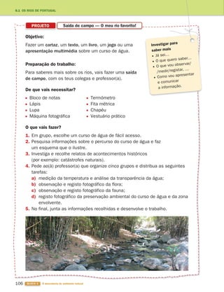106 BLOCO 3 À descoberta do ambiente natural
PROJETO Saída de campo — O meu rio favorito!
Investigar para
saber mais
Já sei…
O que quero saber…
O que vou observar/
/medir/registar, …
Como vou apresentar
e comunicar
a informação.
6.1 OS RIOS DE PORTUGAL
Objetivo:
Fazer um cartaz, um texto, um livro, um jogo ou uma
apresentação multimédia sobre um curso de água.
Preparação do trabalho:
Para saberes mais sobre os rios, vais fazer uma saída
de campo, com os teus colegas e professor(a).
De que vais necessitar?
Bloco de notas Termómetro
Lápis Fita métrica
Lupa Chapéu
Máquina fotográfica Vestuário prático
O que vais fazer?
1. Em grupo, escolhe um curso de água de fácil acesso.
2. Pesquisa informações sobre o percurso do curso de água e faz
um esquema que o ilustre.
3. Investiga e recolhe relatos de acontecimentos históricos
(por exemplo: catástrofes naturais).
4. Pede ao(à) professor(a) que organize cinco grupos e distribua as seguintes
tarefas:
a) medição da temperatura e análise da transparência da água;
b) observação e registo fotográfico da flora;
c) observação e registo fotográfico da fauna;
d) registo fotográfico da preservação ambiental do curso de água e da zona
envolvente.
5. No final, junta as informações recolhidas e desenvolve o trabalho.
363929 102-115 U6.indd 106 18/03/13 17:11
 