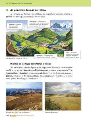 108 BLOCO 3 À descoberta do ambiente natural
As principais formas de relevo
À variação da forma e da altitude da superfície terrestre chama-se
relevo. As principais formas de relevo são:
O relevo de Portugal continental e insular
No território continental português, há grandes diferenças entre o relevo
no Norte e no Sul. As maiores altitudes encontram-se a norte do rio Tejo
(montanhas e planaltos), enquanto a sul do rio Tejo predominam as zonas
planas, extensas e de baixa altitude (as planícies). O Alentejo é a zona
mais plana de Portugal continental.
As principais formas de relevo.
Planície alentejana.
Planalto em Alto Trás-os-Montes.
Vales — Passagens
entre duas montanhas,
por vezes percorridas
por um curso de água.
Montanhas — Elevações na
superfície terrestre, normalmente
com mais de 600 m de altitude,
que se agrupam em serras.
Planícies — Terrenos
planos situados
a baixa altitude.
Planaltos — Terrenos planos
situados a uma altitude elevada.
6.2 AS FORMAS DE RELEVO EM PORTUGAL
363929 102-115 U6.indd 108 18/03/13 17:11
 