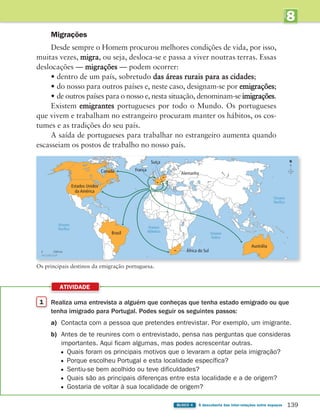 8
UNIDADE
139
BLOCO 4 À descoberta das inter-relações entre espaços
Brasil
Canadá
Estados Unidos
da América
Alemanha
África do Sul
Austrália
França
Suíça
Oceano
Atlântico
Oceano
Pacífico
Oceano
Pacífico
Oceano
Índico
N
0 2200 km
Os principais destinos da emigração portuguesa.
Migrações
Desde sempre o Homem procurou melhores condições de vida, por isso,
muitas vezes, migra, ou seja, desloca-se e passa a viver noutras terras. Essas
deslocações — migrações — podem ocorrer:
• dentro de um país, sobretudo das áreas rurais para as cidades;
• do nosso para outros países e, neste caso, designam-se por emigrações;
• de outros países para o nosso e, nesta situação, denominam-se imigrações.
Existem emigrantes portugueses por todo o Mundo. Os portugueses
que vivem e trabalham no estrangeiro procuram manter os hábitos, os cos-
tumes e as tradições do seu país.
A saída de portugueses para trabalhar no estrangeiro aumenta quando
escasseiam os postos de trabalho no nosso país.
1 Realiza uma entrevista a alguém que conheças que tenha estado emigrado ou que
tenha imigrado para Portugal. Podes seguir os seguintes passos:
a) Contacta com a pessoa que pretendes entrevistar. Por exemplo, um imigrante.
b) Antes de te reunires com o entrevistado, pensa nas perguntas que consideras
importantes. Aqui ficam algumas, mas podes acrescentar outras.
Quais foram os principais motivos que o levaram a optar pela imigração?
Porque escolheu Portugal e esta localidade específica?
Sentiu-se bem acolhido ou teve dificuldades?
Quais são as principais diferenças entre esta localidade e a de origem?
Gostaria de voltar à sua localidade de origem?
ATIVIDADE
363929 132-145 U8.indd 139 18/03/13 17:23
 
