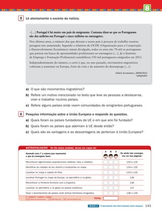 8
UNIDADE
143
BLOCO 4 À descoberta das inter-relações entre espaços
5 Lê atentamente o excerto da notícia.
a) O que são movimentos migratórios?
b) Refere um motivo mencionado no texto que leve as pessoas a deslocar-se,
viver e trabalhar noutros países.
c) Refere alguns países onde vivem comunidades de emigrantes portugueses.
6 Pesquisa informação sobre a União Europeia e responde às questões.
a) Quais foram os países fundadores da UE e em que ano foi fundada?
b) Quais foram os países que aderiram à UE desde então?
c) Quais são as vantagens e as desvantagens de pertencer à União Europeia?
AUTOAVALIAÇÃO No fim desta unidade, deves ser capaz de:
Se ainda não consegui,
vou ver nas páginas:
TOTAL
A — 2 pontos; B — 1 ponto; C — 0 pontos.
11-14 Tenho de continuar assim… 7-10 Não estou mal… 0-6 Tenho de estudar mais.
Assinala com a coluna que representa
o que já consegues fazer:
Reconhecer aglomerados populacionais (aldeias, vilas e cidades).
Identificar as cidades do teu distrito e localizá-las no mapa.
Localizar no mapa a capital do País.
Localizar Portugal no mapa da Europa, no planisfério e no globo.
Reconhecer a fronteira terrestre com a Espanha.
Localizar no planisfério e no globo os países lusófonos.
Fazer o levantamento de países onde tenhas familiares emigrados.
133 e 134
134 e 135
134 e 135
136
136
137
138 e 139
A B C
«[…] Portugal é há muito um país de emigrantes. Costuma dizer-se que os Portugueses
são dez milhões em Portugal e cinco milhões no estrangeiro.
Nos últimos anos, o número dos que deixam o nosso país à procura de trabalho noutras
paragens tem aumentado. Segundo o relatório da OCDE (Organização para a Cooperação
e Desenvolvimento Económico) ontem divulgado, todos os anos são 70 mil os portugueses
que partem em busca de oportunidades profissionais no estrangeiro […]. Já o Instituto
de Emprego e Formação Profissional contabilizou 150 mil portugueses emigrados em 2011.
Independentemente do número, o certo é que, no ano passado, movimentos migratórios
voltaram a aumentar na Europa, fruto da crise e do aumento do desemprego […]»
Diário Económico, 28/06/2012
(adaptado)
363929 132-145 U8.indd 143 18/03/13 17:24
 