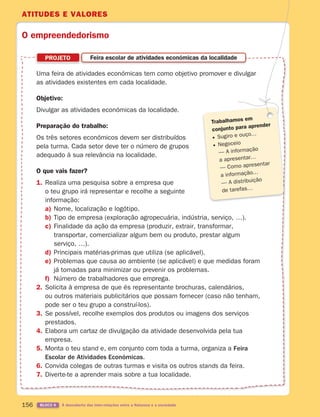 ATITUDES E VALORES
156 BLOCO 6 À descoberta das inter-relações entre a Natureza e a sociedade
PROJETO Feira escolar de atividades económicas da localidade
Uma feira de atividades económicas tem como objetivo promover e divulgar
as atividades existentes em cada localidade.
Objetivo:
Divulgar as atividades económicas da localidade.
Preparação do trabalho:
Os três setores económicos devem ser distribuídos
pela turma. Cada setor deve ter o número de grupos
adequado à sua relevância na localidade.
O que vais fazer?
1. Realiza uma pesquisa sobre a empresa que
o teu grupo irá representar e recolhe a seguinte
informação:
a) Nome, localização e logótipo.
b) Tipo de empresa (exploração agropecuária, indústria, serviço, …).
c) Finalidade da ação da empresa (produzir, extrair, transformar,
transportar, comercializar algum bem ou produto, prestar algum
serviço, …).
d) Principais matérias-primas que utiliza (se aplicável).
e) Problemas que causa ao ambiente (se aplicável) e que medidas foram
já tomadas para minimizar ou prevenir os problemas.
f) Número de trabalhadores que emprega.
2. Solicita à empresa de que és representante brochuras, calendários,
ou outros materiais publicitários que possam fornecer (caso não tenham,
pode ser o teu grupo a construí-los).
3. Se possível, recolhe exemplos dos produtos ou imagens dos serviços
prestados.
4. Elabora um cartaz de divulgação da atividade desenvolvida pela tua
empresa.
5. Monta o teu stand e, em conjunto com toda a turma, organiza a Feira
Escolar de Atividades Económicas.
6. Convida colegas de outras turmas e visita os outros stands da feira.
7. Diverte-te a aprender mais sobre a tua localidade.
Trabalhamos em
conjunto para aprender
Sugiro e ouço…
Negoceio
— A informação
a apresentar…
— Como apresentar
a informação…
— A distribuição
de tarefas…
O empreendedorismo
363929 146-161 U9.indd 156 18/03/13 17:26
 