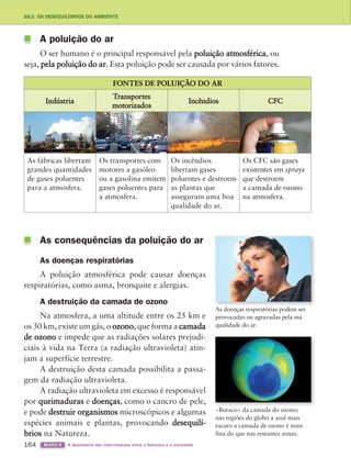 164 BLOCO 6 À descoberta das inter-relações entre a Natureza e a sociedade
10.1 OS DESEQUILÍBRIOS DO AMBIENTE
A poluição do ar
O ser humano é o principal responsável pela poluição atmosférica, ou
seja, pela poluição do ar. Esta poluição pode ser causada por vários fatores.
As consequências da poluição do ar
As doenças respiratórias
A poluição atmosférica pode causar doenças
respiratórias, como asma, bronquite e alergias.
A destruição da camada de ozono
Na atmosfera, a uma altitude entre os 25 km e
os 30 km, existe um gás, o ozono, que forma a camada
de ozono e impede que as radiações solares prejudi-
ciais à vida na Terra (a radiação ultravioleta) atin-
jam a superfície terrestre.
A destruição desta camada possibilita a passa-
gem da radiação ultravioleta.
A radiação ultravioleta em excesso é responsável
por queimaduras e doenças, como o cancro de pele,
e pode destruir organismos microscópicos e algumas
espécies animais e plantas, provocando desequilí-
brios na Natureza.
FONTES DE POLUIÇÃO DO AR
Indústria
Transportes
motorizados
Incêndios CFC
As fábricas libertam
grandes quantidades
de gases poluentes
para a atmosfera.
Os transportes com
motores a gasóleo
ou a gasolina emitem
gases poluentes para
a atmosfera.
Os incêndios
libertam gases
poluentes e destroem
as plantas que
asseguram uma boa
qualidade do ar.
Os CFC são gases
existentes em sprays
que destroem
a camada de ozono
na atmosfera.
As doenças respiratórias podem ser
provocadas ou agravadas pela má
qualidade do ar.
«Buraco» da camada do ozono:
nas regiões do globo a azul mais
escuro a camada de ozono é mais
fina do que nas restantes zonas.
363929 162-177 U10.indd 164 18/03/13 17:29
 