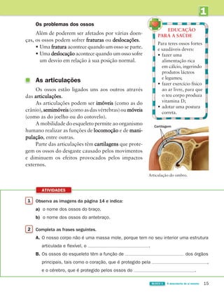 1 Observa as imagens da página 14 e indica:
a) o nome dos ossos do braço.
b) o nome dos ossos do antebraço.
2 Completa as frases seguintes.
A. O nosso corpo não é uma massa mole, porque tem no seu interior uma estrutura
articulada e flexível, o .
B. Os ossos do esqueleto têm a função de dos órgãos
principais, tais como o coração, que é protegido pela ,
e o cérebro, que é protegido pelos ossos do .
ATIVIDADES
15
BLOCO 1 À descoberta de si mesmo
1
UNIDADE
Os problemas dos ossos
Além de poderem ser afetados por várias doen-
ças, os ossos podem sofrer fraturas ou deslocações.
• Uma fratura acontece quando um osso se parte.
• Uma deslocação acontece quando um osso sofre
um desvio em relação à sua posição normal.
As articulações
Os ossos estão ligados uns aos outros através
das articulações.
As articulações podem ser imóveis (como as do
crânio), semimóveis (como as das vértebras) ou móveis
(como as do joelho ou do cotovelo).
A mobilidade do esqueleto permite ao organismo
humano realizar as funções de locomoção e de mani-
pulação, entre outras.
Parte das articulações têm cartilagens que prote-
gem os ossos do desgaste causado pelos movimentos
e diminuem os efeitos provocados pelos impactos
externos.
Articulação do ombro.
EDUCAÇÃO
PARA A SAÚDE
Para teres ossos fortes
e saudáveis deves:
• fazer uma
alimentação rica
em cálcio, ingerindo
produtos lácteos
e legumes;
• fazer exercício físico
ao ar livre, para que
o teu corpo produza
vitamina D;
• adotar uma postura
correta.
Cartilagem
363929 012-025 U1.indd 15 18/03/13 16:56
 