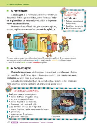 170 BLOCO 6 À descoberta das inter-relações entre a Natureza e a sociedade
Devemos separar sempre os resíduos domésticos. Os materiais recicláveis devem ser depositados
nos contentores próprios do ecoponto: azul — papel e cartão; amarelo — plástico, metal
e cartão de bebidas; verde — vidro; vermelho — pilhas.
A compostagem
Os resíduos orgânicos são formados por restos de comida ou de plantas.
Estes resíduos podem ser aproveitados para obter, em estações de com-
postagem, adubos para a agricultura.
A nível doméstico, também é possível utilizar alguns restos orgânicos
para a horta ou para o jardim, utilizando um compostor.
A reciclagem
A reciclagem é o reaproveitamento de materiais
de que são feitos alguns objetos, como forma de redu-
zir a quantidade de resíduos produzidos e de preser-
var os recursos naturais.
Os materiais recicláveis são, por exemplo, o papel,
o vidro, o plástico e o metal — resíduos inorgânicos.
EDUCAÇÃO
OS TRÊS «R»:
• Reduzir a quantidade
de resíduos;
• Reutilizar materiais;
• Reciclar materiais.
EDUCAÇÃO AMBIENTAL
Podemos colocar no compostor:
• restos de frutas e vegetais crus;
• arroz e massa cozinhados;
• restos do jardim ou da horta;
• borras de café e sacos de chá.
Não devemos colocar no compostor:
• restos de carne e peixe crus ou cozinhados;
• gorduras;
• excrementos de animais;
• produtos sintéticos. Compostor.
10.2 PRESERVAÇÃO DO AMBIENTE
363929 162-177 U10.indd 170 18/03/13 17:30
 