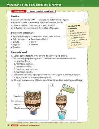 Manusear objetos em situações concretas
BLOCO 5 À descoberta dos materiais e objetos
176
Objetivo:
Construir um modelo ETAR — Estação de Tratamento de Águas
Residuais — com o objetivo de aprender como se tratam
as águas residuais (esgotos) de origem doméstica
ou industrial, antes de serem devolvidas à Natureza.
De que vais necessitar?
Água poluída (água com farinha, azeite, solo arenoso, …)
Solo arenoso Garrafa de plástico
Carvão Copo
Algodão Tesoura
Gravilha
O que vais fazer?
1. Corta, com a tesoura, uma garrafa de plástico pelo gargalo.
2. Na parte do gargalo da garrafa, coloca quatro camadas de materiais
da seguinte forma:
1.ª camada: algodão.
2.ª camada: carvão.
3.ª camada: solo arenoso.
4.ª camada: gravilha.
3. Verte com cuidado a água poluída sobre a montagem e recolhe, no copo,
a água que escoa pelo gargalo da garrafa.
4. Observa a água que se obteve e compara-a com a água inicialmente utilizada.
CONSTRUO Vamos construir uma ETAR
Investigar para
saber mais
Já sei…
O que quero saber…
O que vou observar/
/medir/registar, …
Como vou apresentar
e comunicar
a informação.
A B
Gravilha
Solo arenoso
Carvão
Algodão
363929 162-177 U10.indd 176 18/03/13 17:30
 