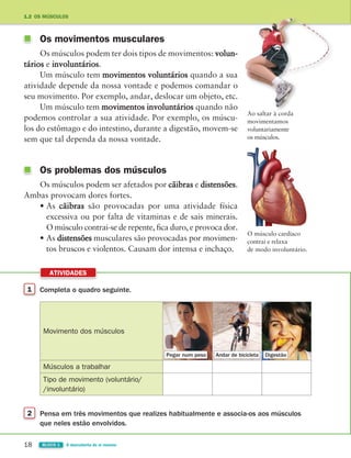 1 Completa o quadro seguinte.
ATIVIDADES
2 Pensa em três movimentos que realizes habitualmente e associa-os aos músculos
que neles estão envolvidos.
Movimento dos músculos
Músculos a trabalhar
Tipo de movimento (voluntário/
/involuntário)
18 BLOCO 1 À descoberta de si mesmo
1.2 OS MÚSCULOS
Os movimentos musculares
Os músculos podem ter dois tipos de movimentos: volun-
tários e involuntários.
Um músculo tem movimentos voluntários quando a sua
atividade depende da nossa vontade e podemos comandar o
seu movimento. Por exemplo, andar, deslocar um objeto, etc.
Um músculo tem movimentos involuntários quando não
podemos controlar a sua atividade. Por exemplo, os múscu-
los do estômago e do intestino, durante a digestão, movem-se
sem que tal dependa da nossa vontade.
Os problemas dos músculos
Os músculos podem ser afetados por cãibras e distensões.
Ambas provocam dores fortes.
• As cãibras são provocadas por uma atividade física
excessiva ou por falta de vitaminas e de sais minerais.
O músculo contrai-se de repente, fica duro, e provoca dor.
• As distensões musculares são provocadas por movimen-
tos bruscos e violentos. Causam dor intensa e inchaço.
Ao saltar à corda
movimentamos
voluntariamente
os músculos.
O músculo cardíaco
contrai e relaxa
de modo involuntário.
Pegar num peso Andar de bicicleta Digestão
363929 012-025 U1.indd 18 18/03/13 16:56
 