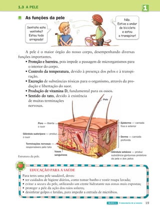 19
BLOCO 1 À descoberta de si mesmo
1
UNIDADE
1.3 A PELE
As funções da pele
Sentiste este
ventinho?
Estou todo
arrepiado!
Não.
Estive a andar
de bicicleta
e estou
a transpirar!
Terminações nervosas —
responsáveis pelo tato
Derme — camada
profunda
Epiderme — camada
fina e exterior
Vasos
sanguíneos
Glândula sebácea — produz
substância gordurosa protetora
da pele e dos pelos
Poro — liberta
o suor
Glândula sudorípara — produz
o suor
EDUCAÇÃO PARA A SAÚDE
Para teres uma pele saudável, deves:
• ter cuidados de higiene diários, como tomar banho e vestir roupa lavada;
• evitar a secura da pele, utilizando um creme hidratante nas zonas mais expostas;
• proteger a pele da ação dos raios solares;
• desinfetar golpes e feridas, para impedir a entrada de micróbios.
A pele é o maior órgão do nosso corpo, desempenhando diversas
funções importantes.
• Proteção e barreira, pois impede a passagem de microrganismos para
o interior do corpo.
• Controlo da temperatura, devido à presença dos pelos e à transpi-
ração.
• Excreção de substâncias tóxicas para o organismo, através da pro-
dução e libertação do suor.
• Produção de vitamina D, fundamental para os ossos.
• Sentido do tato, devido à existência
de muitas terminações
nervosas.
Estrutura da pele.
Pelo
363929 012-025 U1.indd 19 18/03/13 16:56
 