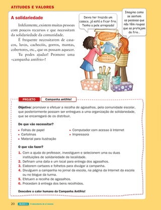 ATITUDES E VALORES
20 BLOCO 1 À descoberta de si mesmo
A solidariedade
Infelizmente, existem muitas pessoas
com poucos recursos e que necessitam
da solidariedade da comunidade.
É frequente necessitarem de casa-
cos, luvas, cachecóis, gorros, mantas,
cobertores, etc., que os possam aquecer.
Tu podes ajudar! Promove uma
«campanha antifrio»!
Objetivo: promover e efetuar a recolha de agasalhos, pela comunidade escolar,
que posteriormente possam ser entregues a uma organização de solidariedade,
que se encarregará de os distribuir.
De que vão necessitar?
Folhas de papel Computador com acesso à Internet
Cartolinas Impressora
Material para ilustração
O que vão fazer?
1. Com a ajuda do professor, investiguem e selecionem uma ou duas
instituições de solidariedade da localidade.
2. Definam uma data e um local para entrega dos agasalhos.
3. Elaborem cartazes e folhetos para divulgar a campanha.
4. Divulguem a campanha no jornal da escola, na página da Internet da escola
ou no blogue da turma.
5. Efetuem a recolha de agasalhos.
6. Procedam à entrega dos bens recolhidos.
Descobre o calor humano da Campanha Antifrio!
PROJETO Campanha antifrio!
Devia ter trazido um
casaco, já está a ficar frio.
Tenho a pele arrepiada!
Imagina como
se sentem
as pessoas que
não têm roupas
que as protejam
do frio…
363929 012-025 U1.indd 20 18/03/13 16:56
 