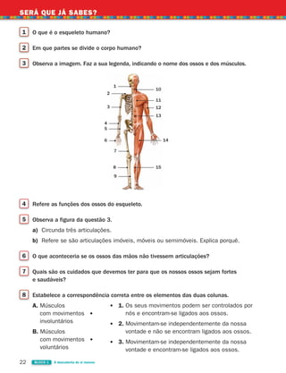 SERÁ QUE JÁ SABES?
22 BLOCO 1 À descoberta de si mesmo
1 O que é o esqueleto humano?
2 Em que partes se divide o corpo humano?
3 Observa a imagem. Faz a sua legenda, indicando o nome dos ossos e dos músculos.
4 Refere as funções dos ossos do esqueleto.
5 Observa a figura da questão 3.
a) Circunda três articulações.
b) Refere se são articulações imóveis, móveis ou semimóveis. Explica porquê.
6 O que aconteceria se os ossos das mãos não tivessem articulações?
7 Quais são os cuidados que devemos ter para que os nossos ossos sejam fortes
e saudáveis?
8 Estabelece a correspondência correta entre os elementos das duas colunas.
A. Músculos
com movimentos
involuntários
B. Músculos
com movimentos
voluntários
2
1
3
10
11
12
13
14
15
4
5
6
7
8
9
1. Os seus movimentos podem ser controlados por
nós e encontram-se ligados aos ossos.
2. Movimentam-se independentemente da nossa
vontade e não se encontram ligados aos ossos.
3. Movimentam-se independentemente da nossa
vontade e encontram-se ligados aos ossos.
363929 012-025 U1.indd 22 18/03/13 16:56
 