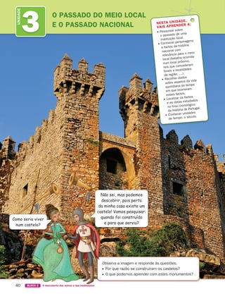 3
UNIDADE
O PASSADO DO MEIO LOCAL
E O PASSADO NACIONAL NESTA UNIDADE,
VAIS APRENDER A:
Pesquisar sobre
o passado de uma
instituição local.
Conhecer personagens
e factos da história
nacional com
relevância para o meio
local (batalha ocorrida
num local próximo,
reis que concederam
forais a localidades
da região, …).
Recolher dados
sobre aspetos da vida
quotidiana do tempo
em que ocorreram
esses factos.
Localizar os factos
e as datas estudados
no friso cronológico
da História de Portugal.
Conhecer unidades
de tempo: o século.
Como seria viver
num castelo?
Não sei, mas podemos
descobrir, pois perto
da minha casa existe um
castelo! Vamos pesquisar:
quando foi construído
e para que serviu?
363929 040-069 U3.indd 40 18/03/13 17:00
 