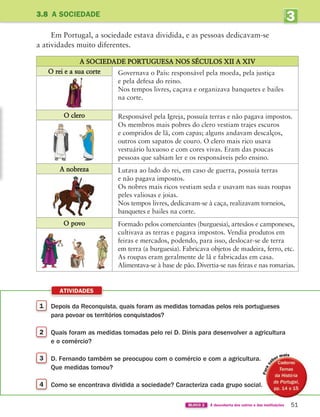 1 Depois da Reconquista, quais foram as medidas tomadas pelos reis portugueses
para povoar os territórios conquistados?
2 Quais foram as medidas tomadas pelo rei D. Dinis para desenvolver a agricultura
e o comércio?
3 D. Fernando também se preocupou com o comércio e com a agricultura.
Que medidas tomou?
4 Como se encontrava dividida a sociedade? Caracteriza cada grupo social.
ATIVIDADES
51
BLOCO 2 À descoberta dos outros e das instituições
3
UNIDADE
Em Portugal, a sociedade estava dividida, e as pessoas dedicavam-se
a atividades muito diferentes.
A SOCIEDADE PORTUGUESA NOS SÉCULOS XII A XIV
O rei e a sua corte Governava o País: responsável pela moeda, pela justiça
e pela defesa do reino.
Nos tempos livres, caçava e organizava banquetes e bailes
na corte.
O clero Responsável pela Igreja, possuía terras e não pagava impostos.
Os membros mais pobres do clero vestiam trajes escuros
e compridos de lã, com capas; alguns andavam descalços,
outros com sapatos de couro. O clero mais rico usava
vestuário luxuoso e com cores vivas. Eram das poucas
pessoas que sabiam ler e os responsáveis pelo ensino.
A nobreza Lutava ao lado do rei, em caso de guerra, possuía terras
e não pagava impostos.
Os nobres mais ricos vestiam seda e usavam nas suas roupas
peles valiosas e joias.
Nos tempos livres, dedicavam-se à caça, realizavam torneios,
banquetes e bailes na corte.
O povo Formado pelos comerciantes (burguesia), artesãos e camponeses,
cultivava as terras e pagava impostos. Vendia produtos em
feiras e mercados, podendo, para isso, deslocar-se de terra
em terra (a burguesia). Fabricava objetos de madeira, ferro, etc.
As roupas eram geralmente de lã e fabricadas em casa.
Alimentava-se à base de pão. Divertia-se nas feiras e nas romarias.
3.8 A SOCIEDADE
mais
363929 040-069 U3.indd 51 18/03/13 17:01
 