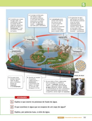 1 Explica o que ocorre no processo de fusão da água.
2 O que acontece à água que se evapora de um copo de água?
3 Explica, por palavras tuas, o ciclo da água.
ATIVIDADES
1. A energia emitida pelo
Sol aquece a água
da superfície terrestre
e uma parte dela passa
lentamente ao estado
de vapor de água não
visível, — evaporação —,
que sobe para a atmosfera.
7. Ao cair sobre a Terra, a água pode
ficar à superfície ou infiltrar-se
no solo — infiltração. Quando se
infiltra, a água pode originar lençóis
de água (aquíferos). Depois, quando
as características do solo o possibilitam,
a água subterrânea surge novamente
à superfície, dando origem às nascentes.
2. À medida que o vapor
de água sobe, vai
arrefecendo e passa
ao estado líquido,
originando pequenas
gotículas de água —
condensação —, que
se juntam e formam
as nuvens.
3. As gotículas de água
que formam as nuvens
têm tendência a juntar-se
umas às outras,
originando gotas
consideravelmente
maiores. Estas, devido
ao seu peso, caem
em direção à superfície
terrestre — precipitação.
4. A precipitação pode
ocorrer sob a forma
de chuva ou sob
a forma de granizo
ou neve, se a
temperatura ambiente
for muito baixa e
provocar a passagem
para o estado sólido.
6. Quando se mantém
à superfície,
a água escorre —
escoamento —
e acumula-se nas
lagoas, nos lagos
ou nos rios, que
desaguam no mar.
5. Os seres vivos
também libertam
vapor de água
para a atmosfera
através da
respiração
e da transpiração.
RESPIRAÇÃO
TRANSPIRAÇÃO
ESCOAMENTO
PRECIPITAÇÃO
LENÇOL DE ÁGUA
PRECIPITAÇÃO
CONDENSAÇÃO
EVAPORAÇÃO
93
BLOCO 3 À descoberta do ambiente natural
5
UNIDADE
363929 084-101 U5.indd 93 18/03/13 17:09
 