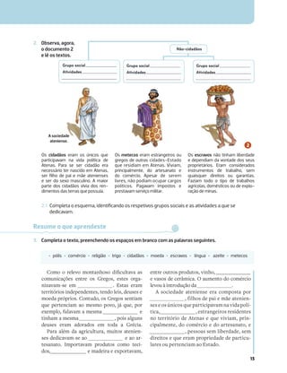 13
2. Observa, agora,
o documento 2
e lê os textos.
2.1 Completa o esquema, identiﬁcando os respetivos grupos sociais e as atividades a que se
dedicavam.
Os cidadãos eram os únicos que
participavam na vida política de
Atenas. Para se ser cidadão era
necessário ter nascido em Atenas,
ser ﬁlho de pai e mãe atenienses
e ser do sexo masculino. A maior
parte dos cidadãos vivia dos ren-
dimentos das terras que possuía.
Os metecos eram estrangeiros ou
gregos de outras cidades-Estado
que residiam em Atenas. Viviam,
principalmente, do artesanato e
do comércio. Apesar de serem
livres, não podiam ocupar cargos
políticos. Pagavam impostos e
prestavam serviço militar.
Os escravos não tinham liberdade
e dependiam da vontade dos seus
proprietários. Eram considerados
instrumentos de trabalho, sem
quaisquer direitos ou garantias.
Faziam todo o tipo de trabalhos
agrícolas, domésticos ou de explo-
ração de minas.
Resume o que aprendeste
3. Completa o texto, preenchendo os espaços em branco com as palavras seguintes.
‡ pólis ‡ comércio ‡ religião ‡ trigo ‡ cidadãos ‡ moeda ‡ escravos ‡ língua ‡ azeite ‡ metecos
0Z  _RYRc Z[aN[U` QV»PbYaNcN N`
comunicações entre os Gregos, estes orga-
nizavam-se em . Estas eram
territórios independentes, tendo leis, deuses e
moeda próprios. Contudo, os Gregos sentiam
que pertenciam ao mesmo povo, já que, por
exemplo, falavam a mesma e
tinham a mesma , pois alguns
deuses eram adorados em toda a Grécia.
Para além da agricultura, muitos atenien-
ses dedicavam-se ao e ao ar-
tesanato. Importavam produtos como teci-
dos, e madeira e exportavam,
entre outros produtos, vinho,
e vasos de cerâmica. O aumento do comércio
levou à introdução da .
A sociedade ateniense era composta por
, filhos de pai e mãe atenien-
ses e os únicos que participavam na vida polí-
tica, , estrangeiros residentes
no território de Atenas e que viviam, prin-
cipalmente, do comércio e do artesanato, e
, pessoas sem liberdade, sem
direitos e que eram propriedade de particu-
lares ou pertenciam ao Estado.
Grupo social
Atividades
Não-cidadãos
Grupo social
Atividades
Grupo social
Atividades
A sociedade
ateniense.
 