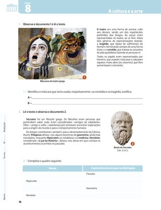 16
1. Observa o documento 1 e lê o texto.
1.1 Identiﬁca a máscara que seria usada, respetivamente, na comédia e na tragédia. Justiﬁca.
A –
B –
2. Lê o texto e observa o documento 2.
2.1 Completa o quadro seguinte.
Nome
Turma
N.º
Avaliação
A cultura e a arte
8
FICHA
O teatro era uma forma de prestar culto
aos deuses, sendo um dos espetáculos
preferidos dos Gregos. As peças eram
representadas no teatro, ao ar livre. Havia
dois géneros de representações teatrais:
a tragédia, que falava do sofrimento do
Homem, terminando sempre de uma forma
triste; e a comédia, que tratava os assuntos
da vida quotidiana, fazendo as pessoas rir.
Todos os papéis eram representados por
homens, que usavam máscaras e calçavam
sapatos muito altos (os coturnos), que lhes
aumentavam o tamanho.
Sócrates foi um ﬁlósofo grego. Os ﬁlósofos eram pessoas que
pretendiam saber tudo. Eram considerados «amigos da sabedoria»
(fílos = amigo e sofía = sabedoria) pois tentavam encontrar explicações
para a origem do mundo e para o comportamento humano.
Os Gregos contribuíram, também, para o desenvolvimento da Ciência.
Assim, Pitágoras deixou-nos alguns teoremas de geometria, ainda hoje
estudados, enquanto Hipócrates se notabilizou na medicina. Heródoto,
considerado «o pai da História», deixou-nos obras em que contava os
acontecimentos ocorridos no passado.
Nome Conhecimento em que se distinguiu
Filosofia
Geometria
Heródoto
Hipócrates
B
A
Máscaras do teatro grego.
Busto de Sócrates
(séc. V a.C.).
 