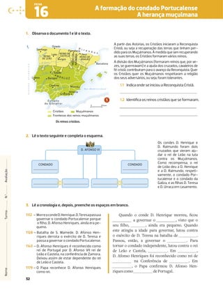 32
A formação do condado Portucalense
A herança muçulmana
16
FICHA
1. Observa o documento 1 e lê o texto.
Cristãos Muçulmanos
Fronteiras dos reinos muçulmanos
M a r M e d i t e r r â n e o
Leão
Burgos
R. Douro
R. Tejo
Pamplona
Jaca
REINO
DE
NAVA
RRA
R. Minho
0 200 km
Almeria
R. Mondego
Toledo
R. Ebro
R
.
G
u
a
d
i
a
n
a
R. Guadalquivir
Córdova Múrcia
Granada
A
L- A N D A L U Z
Oviedo
Santiago
REINO
DE LEÃO
REINO DE
CASTELA REINO DE
ARAGÃO
Lisboa Badajoz
P i r e n é u s
N
O
C
E
A
N
O
A
T
L
Â
N
T
I
C
O
Barcelona
Estreito
de Gibraltar
1.1 Indica onde se iniciou a Reconquista Cristã.
1.2 Identiﬁca os reinos cristãos que se formaram.
2. Lê o texto seguinte e completa o esquema.
_____________________
D. AFONSO VI
CONDADO
_____________________
_____________________ _____________________
_____________________
CONDADO
_____________________
Os condes D. Henrique e
D. Raimundo foram dois
cruzados que vieram aju-
dar o rei de Leão na luta
contra os Muçulmanos.
Como recompensa, o rei
de Leão deu a D. Henrique
e a D. Raimundo, respeti-
vamente, o condado Por-
tucalense e o condado da
Galiza, e as ﬁlhas D. Teresa
e D. Urraca em casamento.
3. Lê a cronologia e, depois, preenche os espaços em branco.
1112 – MorreocondeD.Henrique.D.Teresapassaa
governar o condado Portucalense porque
o ﬁlho, D. Afonso Henriques, ainda era pe-
queno.
1128 – Batalha de S. Mamede. D. Afonso Hen-
riques derrota o exército de D. Teresa e
passa a governar o condado Portucalense.
1143 – D. Afonso Henriques é reconhecido como
rei de Portugal por D. Afonso VII rei de
Leão e Castela, na conferência de Zamora.
Deixou assim de estar dependente do rei
de Leão e Castela.
1179 – O Papa reconhece D. Afonso Henriques
como rei.
bN[Q  P[QR 1 5R[_V^bR Z__Rb »Pb
a governar o , visto que o
`Rb »YU , ainda era pequeno. Quando
este atingiu a idade para governar, lutou contra
o exército de D. Teresa na batalha de .
Passou, então, a governar o . Para
tornar o condado independente, lutou contra o rei
de Leão e Castela, . Em ,
D. Afonso Henriques foi reconhecido como rei de
na Conferência de . Em
  =N]N P[»_Zb 1 .S[` 5R[
riquescomo dePortugal.
Nome
Turma
N.º
Avaliação
A partir das Astúrias, os Cristãos iniciaram a Reconquista
Cristã, ou seja a recuperação das terras que tinham per-
dido para os Muçulmanos. À medida que iam recuperando
as suas terras, os Cristãos formaram vários reinos.
A divisão dos Muçulmanos (formaram reinos que, por ve-
zes, se guerreavam) e a ajuda dos cruzados, cavaleiros de
fé cristã, contribuíram para o avanço da Reconquista. Quer
os Cristãos quer os Muçulmanos respeitaram a religião
dos seus adversários, ou seja, foram tolerantes.
Os reinos cristãos.
 