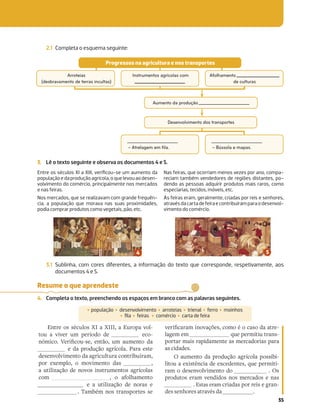 35
2.1 Completa o esquema seguinte:
3. Lê o texto seguinte e observa os documentos 4 e 5.
3.1 Sublinha, com cores diferentes, a informação do texto que corresponde, respetivamente, aos
documentos 4 e 5.
Resume o que aprendeste
4. Completa o texto, preenchendo os espaços em branco com as palavras seguintes.
‡ população ‡ desenvolvimento ‡ arroteias ‡ trienal ‡ ferro ‡ moinhos
‡ ﬁla ‡ feiras ‡ comércio ‡ carta de feira
Entre os séculos XI a XIII, a Europa vol-
tou a viver um período de eco-
[ƒZVP CR_V»Pb`R R[aw bZ NbZR[a QN
e da produção agrícola. Para este
desenvolvimento da agricultura contribuíram,
por exemplo, o movimento das ,
a utilização de novos instrumentos agrícolas
com , o afolhamento
e a utilização de noras e
. Também nos transportes se
cR_V»PN_NZV[cNy‡R`PZzPN`QNNa_R-
lagem em que permitiu trans-
portar mais rapidamente as mercadorias para
as cidades.
O aumento da produção agrícola possibi-
litou a existência de excedentes, que permiti-
ram o desenvolvimento do . Os
produtos eram vendidos nos mercados e nas
. Estas eram criadas por reis e gran-
des senhores através da .
Progressos na agricultura e nos transportes
Entre os séculos XI a XIII, veriﬁcou-se um aumento da
populaçãoedaproduçãoagrícola,oquelevouaodesen-
volvimento do comércio, principalmente nos mercados
e nas feiras.
Nos mercados, que se realizavam com grande frequên-
cia, a população que morava nas suas proximidades,
podia comprar produtos como vegetais, pão, etc.
Nas feiras, que ocorriam menos vezes por ano, compa-
reciam também vendedores de regiões distantes, po-
dendo as pessoas adquirir produtos mais raros, como
especiarias, tecidos, móveis, etc.
As feiras eram, geralmente, criadas por reis e senhores,
atravésdacartadefeiraecontribuíramparaodesenvol-
vimento do comércio.
Arroteias
(desbravamento de terras incultas)
Afolhamento
de culturas
– Atrelagem em fila. – Bússola e mapas.
Desenvolvimento dos transportes
Aumento da produção
Instrumentos agrícolas com
 