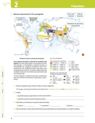 4
1. Observa o documento 1 e lê a sua legenda.
AMÉRICA
DO NORTE
AMÉRICA
DO SUL
ÁFRICA
EUROPA
ÁSIA
Área desabitada
c. 9500 a.C. – 8000 a.C.
8000 a.C. – 6000 a.C.
6000 a.C. – 5000 a.C.
5000 a.C. – 3000 a.C.
Arroz
Milho
Trigo, cevada
Soja, milho
Milho, batata
Crescente Fértil
3000 a.C. – 1000 a.C.
Cavalo
3500 a.C.
Galinha
3000 a.C.
Camelo
3000 a.C.
Aparecimento da agricultura:
Quando se dá a domesticação
de algumas espécies animais:
Cão
12 000 a.C.
Búfalo
4000 a.C.
Carneiro e cabra
9500 a.C. a 8500 a.C.
Porco
9000 a.C.
Boi
8800 a.C.
Lama
4000 a.C.
2500 km
0
O C E A N O
A T L Â N T I C O
O C E A N O
Í N D I C O
O C E A N O
P A C Í F I C O
O C E A N O
P A C Í F I C O
N
Egito
Mesopotâmia
1.1 Risca as palavras que estão erradas na frase seguinte:
No mapa, está representada a descoberta da olaria/agricultura e da pastorícia/comércio.
1.2 Indica:
a) quando surgiu a agricultura no Crescente Fértil –
b) qual foi o primeiro animal domesticado –
1.3 Identiﬁca o continente em que foi domesticado:
a) o lama – b) o carneiro – c) o porco –
1.4 Na tua opinião, ainda hoje beneﬁciamos das descobertas representadas no mapa? Justiﬁca.
Nome
Turma
N.º
Avaliação
O Neolítico
2
FICHA
Com o passar do tempo, o clima foi-se tornando mais
quente. Por outro lado, graças à construção de novos
instrumentos e à descoberta e domínio do fogo, as
comunidades de caçadores-recoletores foram me-
lhorando as suas condições de vida, o que levou a que
a população aumentasse. A comida, obtida através da
recoleção,deixoudesersuﬁcienteparaalimentarcada
vezmaispessoas.
O clima favorável e a falta de alimentos contribuíram
para que o Homem descobrisse a agricultura e a pas-
torícia.
Primeiras culturas e animais domesticados.
Clima mais
favorável
Descoberta da agricultura
e da pastorícia
Falta de
alimentos
 