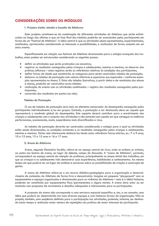 CONSIDERAÇÕES SOBRE OS MÓDULOS
            1. Projetos triatlo, tetratlo e hexatlo de Atletismo

     	       Estes projetos constituem-se da combinação de diferentes atividades do Atletismo que serão enfati-
     zadas ao longo das oficinas e que na fase final dos módulos poderão ser executadas pelos participantes em
     forma de um “Festival de Atletismo”. A idéia central é que as atividades sejam apresentadas, experimentadas,
     analisadas, aprimoradas considerando os interesses e possibilidades, e realizadas de forma conjunta em um
     único evento.

     	       Especificamente em relação aos festivais de Atletismo direcionados para o estágio avançado dos tra-
     balhos, estes podem ser estruturados considerando os seguintes passos:

         •	 definir as atividades que serão praticadas nos encontros;
         •	 registrar os resultados conseguidos pelas crianças e adolescentes, meninos e meninas, no decorrer das
            práticas (oficinas) – estes registros serão as referências relativas às condições dos participantes;
         •	 definir faixas de idade que constituirão as categorias para serem construídas tabelas de pontuação;	
         •	 elaborar as tabelas de pontuação com valores inferiores e superiores aos esperados – conforme exem-
            plos apresentados no Anexo 3. Estas são tabelas ilustrativas, a partir delas e de resultados dos alunos
            e alunas, poderão ser construidas novas tabelas.
         •	 realização do evento com as atividades combinadas – registro dos resultados conseguidos pelos par-
            ticipantes;
         •	 conversão dos resultados em pontos (ou não).

            Tabelas de Pontuação

             	O uso de tabelas de pontuação será mais um elemento mensurador do desempenho conseguido pelos
     participantes individualmente e/ou em grupos. Contudo, a pontuação a ser destacada deve ser aquela que
     representará o resultado global do desempenho. Este aspecto deverá contribuir para o envolvimento das
     crianças e adolescentes com o conjunto das atividades e não somente com aquela em que consegue as melhores
     performances, ocasionando, assim, experiências mais diversificadas e ricas.

             	As tabelas de pontuação deverão ser construídas considerando o estágio para o qual as atividades
     estão sendo direcionadas, as condições existentes e os resultados conseguidos pelas crianças e adolescentes,
     meninos e meninas. Talvez seja interessante elaborá-las tendo como referência faixas etárias; ex.: 7 a 9 anos,
     10 a 12 anos, 13 a 15 anos e 16 e 17 anos.

            2. Arena de Atletismo

             	Arena, segundo Dicionário Aurélio, refere-se ao espaço central do circo, onde se exibem os artistas,
     ao palco nos teatros de arena, ao lugar de debate, campo de discussão. A “arena de Atletismo”, portanto,
     corresponderá ao espaço central da atenção do professor, principalmente na etapa inicial dos trabalhos, em
     que as crianças e os adolescentes irão demonstrar suas experiências, habilidades e conhecimentos. Ao mesmo
     tempo em que poderá ser um lugar de análises e conversas sobre as possibilidades de criação e construção de
     gestos.

            	A arena de Atletismo refere-se a um recurso didático-pedagógico para a organização e desenvol-
     vimento de conteúdos do Atletismo de forma livre e descontraída. Imagine um pequeno “playground” com os
     equipamentos e espaços organizados e direcionados para as vivências do Atletismo – esta é a idéia! Inclusive,
     podendo ser constituída por equipamentos fixos (permanentes) e alguns móveis. A arena deve estar ou ser
     montada com propostas de movimentos e desafios adequados e interessantes para os participantes.

            	A proposta da arena não corresponde a uma estrutura espacial específica e, sim, a um conceito, uma
     idéia que poderá ser desenvolvida nos mais diversos espaços e com inúmeras formas de organização. Não se
     propõe, também, uma seqüência definida para a participação nas atividades, podendo, inclusive, ser destina-
     do maior tempo e realizado maior número de repetições nas práticas de maior interesse do participante.



48                    Aprimoramento do Esporte Escolar na Escola de Tempo Integral: Jogos e Brincadeiras, Atletismo e Ginastica.
 