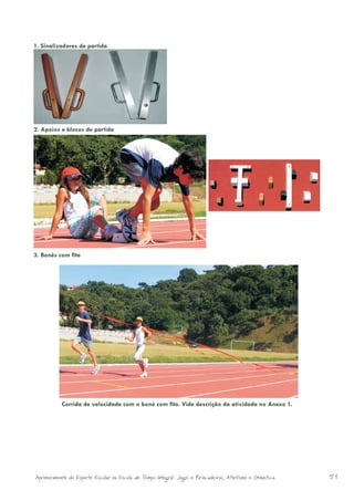 1. Sinalizadores de partida




2. Apoios e blocos de partida




3. Bonés com fita




           Corrida de velocidade com o boné com fita. Vide descrição da atividade no Anexo 1.




Aprimoramento do Esporte Escolar na Escola de Tempo Integral: Jogos e Brincadeiras, Atletismo e Ginastica.   51
 