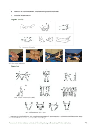 8.	 Promover um festival na turma para demonstração das construções.

    9.	 Sugestões de educativos5:

     Pegadas básicas:




                    Fig.4 - tipos básicos de pegadas




Fig.5 - tipos básicos de pegadas

     Educativos:




           Fig.6- exercícios educativos para a ACRO




                                   Fig.7- exercício educativos para a ACRO


5 - Na ginástica são chamados educativos todos os procedimentos pedagógicos de aprendizagem para o ensino dos movimentos ginásticos, ou seja, os
procedimentos utilizados ao se adotar o processo analítico de aprendizagem.



Aprimoramento do Esporte Escolar na Escola de Tempo Integral: Jogos e Brincadeiras, Atletismo e Ginastica.                                         75
 