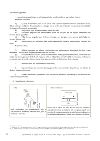 Atividades sugeridas:

              	1. Aconselhamos que iniciem as atividades diárias com brincadeiras que tenham foco no
              equilíbrio, tais como:

            a)	       Guerra de cotonetes: dois a dois sobre uma superfície estreita acima do solo (banco sueco,
     tábua, etc.) com o objetivo de desequilibrar o colega com o auxílio de um bastão com as duas extremidades
     forradas em formato de um cotonete;
            b)	       Amarelinha: jogo de deslocamento em um dos pés;
            c)	       Garrafão: pegador com deslocamento sobre um dos pés em um espaço delimitado com
     formato de um garrafão;
            d)	       Mãe-da-rua: pegador com deslocamento sobre um dos pés em um espaço delimitado com
     formato de uma rua;
            e)	       Ambos com os pés sobre uma linha, tentar desequilibar o colega empurrando-o com uma das
     mãos;
            f)	 Dentre outras;

            1.	      Solicitar pesquisa aos alunos, relacionadas aos equipamentos específicos do circo e seus
     manuseios . Socialização da pesquisa realizada nas oficinas;
              11

            g)	      Em cada oficina curricular, construir coletivamente um equipamento alternativo, semelhantes aos
     usados nos circos, para ser trabalhado naquela oficina, utilizando material reciclável, tais como: malabares;
     pernas-de-pau; girabolô; rolo americano; latas de pés; tecido; corda-bamba; dentre outros;

              2.	         Manuseio livre dos equipamentos construídos;

             3.	     Experimentação do manuseio dos equipamentos com orientação do professor em relação às
     técnicas usadas nos mesmos;

           4.	      Ao final da unidade, apresentar para a turma um número de apresentação, utilizando um dos
     equipamentos construídos.

          5.	 Sugestões de educativos:


            Tule:                                                                      Rolo americano:
                                                    Fig.28- educativo para malabares




                                                                                                                         Fig.29- Rolo americano
                                                    com Tule




                                                        Iniciar com a tábua em cima de uma madeira cilíndrica
      Após treinamento da movimentação com o rachada no meio e apoiada no solo sem girar, depois com
      Tule, introduzir Bolinhas e depois Claves, pois o um cabo de vassoura, aumentar gradativamente o diâmetro
      princípio é o mesmo.                              da madeira que sustenta a tábua, até o diâmetro de 15 cm.
                                                        	




     11 - Sugestões de endereços para busca: http://www.ginasticas.com/conteudo/gimnica/gin_ginastica/ginasticas_com_gimnica_conteudos_ginasti-
     cos_no_ambito_circense.pdf ; http://www.deporteyciencia.com/wiki.pl?Libro_Circo/Portada e http://www.bortoleto.com .



86                         Aprimoramento do Esporte Escolar na Escola de Tempo Integral: Jogos e Brincadeiras, Atletismo e Ginastica.
 