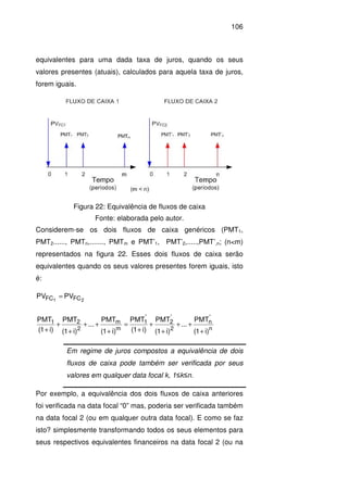 106
equivalentes para uma dada taxa de juros, quando os seus
valores presentes (atuais), calculados para aquela taxa de juros,
forem iguais.
Figura 22: Equivalência de fluxos de caixa
Fonte: elaborada pelo autor.
Considerem-se os dois fluxos de caixa genéricos (PMT1,
PMT2......, PMTn,......., PMTm e PMT’1, PMT’2,.....,PMT’,n; (n<m)
representados na figura 22. Esses dois fluxos de caixa serão
equivalentes quando os seus valores presentes forem iguais, isto
é:
21 FCFC PVPV =
n
'
n
2
'
2
'
1
m
m
2
21
)i1(
PMT
...
)i1(
PMT
)i1(
PMT
)i1(
PMT
...
)i1(
PMT
)i1(
PMT
+
++
+
+
+
=
+
++
+
+
+
Por exemplo, a equivalência dos dois fluxos de caixa anteriores
foi verificada na data focal “0” mas, poderia ser verificada também
na data focal 2 (ou em qualquer outra data focal). E como se faz
isto? simplesmente transformando todos os seus elementos para
seus respectivos equivalentes financeiros na data focal 2 (ou na
Em regime de juros compostos a equivalência de dois
fluxos de caixa pode também ser verificada por seus
valores em qualquer data focal k, 1≤k≤n.
 