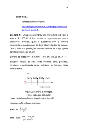 123
Saiba mais...
Ver tabelas financeira em:
http://www.proativams.com.br/index.php?modulo=ar
quivos&id_pasta=5.
Exemplo 4.1: uma pessoa comprou uma mercadoria cujo valor a
vista é $ 1.350,00. A loja permite o pagamento em quatro
prestações, mensais, iguais e sucessivas com o primeiro
pagamento se dando depois de decorridos trinta dias da compra.
Qual o valor das prestações mensais devidas se a loja operar
com taxa de juros de 5% am.
Sumário de dados: PV = 1.350,00, i = 5% am. ou 0,05 am., n = 4
Solução: trata-se de uma renda imediata, certa, periódica,
constante e postecipada sendo aplicáveis as fórmulas vistas
anteriormente.
Figura 29: Compra a prestação.
Fonte: elaborada pelo autor.
dispor os dados graficamente conforme a figura 29:
b) aplicar as fórmulas de interesse:
1)i1(
)i1(*i
*PVPMT n
n
−+
+
=
10,05)(1
0,05)(1*0,05
*1.350PMT 4
4
−+
+
=
 