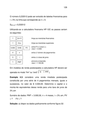 128
O número 0,232012 pode ser extraído de tabelas financeiras para
i = 5% na linha que corresponde ao n = 5:
S[5%;4] = 0,232012
Utilizando-se a calculadora financeira HP-12C os passos seriam
os seguintes:
Em modelos de renda postecipados a calculadora HP deverá ser
operada no modo “fim” ou “end” ( g end ).
Exemplo 4.3: considere uma renda imediata postecipada
constituída por uma série de 4 pagamentos mensais, iguais e
sucessivos, no valor de $ 3.000,00. Determine o capital e o
monta.nte equivalentes dessa renda para uma taxa de juros de
3% am
Sumário de dados: PMT = 3.000,00, n = 4 meses, i = 3% am, PV
= ? FV = ?
Solução: a) dispor os dados graficamente conforme figura 32:
 