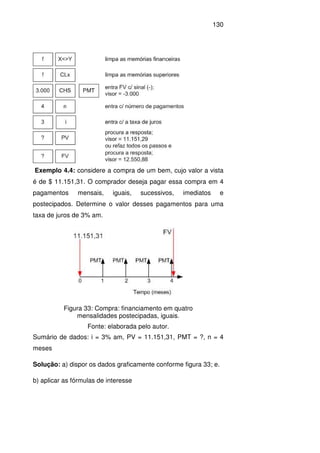 130
Exemplo 4.4: considere a compra de um bem, cujo valor a vista
é de $ 11.151,31. O comprador deseja pagar essa compra em 4
pagamentos mensais, iguais, sucessivos, imediatos e
postecipados. Determine o valor desses pagamentos para uma
taxa de juros de 3% am.
Figura 33: Compra: financiamento em quatro
mensalidades postecipadas, iguais.
Fonte: elaborada pelo autor.
Sumário de dados: i = 3% am, PV = 11.151,31, PMT = ?, n = 4
meses
Solução: a) dispor os dados graficamente conforme figura 33; e.
b) aplicar as fórmulas de interesse
 