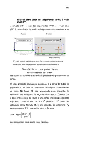 133
Relação entre valor dos pagamentos (PMT) e valor
atual (PV)
A relação entre o valor dos pagamentos (PMT) e o valor atual
(PV) é determinada de modo análogo aos casos anteriores e se
faz a partir da consideração do valor presente dos pagamentos da
renda.
O valor presente equivalente da renda é a soma de todos os
pagamentos descontados para a data focal 0 para uma dada taxa
de juros. Na figura 34 está visualizada essa operação de
desconto para o conjunto de pagamentos da renda. Observe que
a parte mais escura da figura é uma renda imediata postecipada
cujo valor presente em “m” é PV
#
; portanto, PV
#
pode ser
calculado coma fórmula (4.1); em seguida, se determina PV
descontando-se PV
#
para a data focal 0. Tem-se:






+
−+
= n
n
#
)i1(*i
1)i1(
*PMTPV
que descontado para a data focal 0 produz,
Figura 34: Renda postecipada e diferida
Fonte: elaborada pelo autor.
 