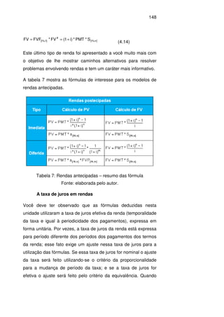 148
]n%;i[
#
]1%;i[ S*PMT*)i1(FV*FVFFV +==
(4.14)
Este último tipo de renda foi apresentado a você muito mais com
o objetivo de lhe mostrar caminhos alternativos para resolver
problemas envolvendo rendas e tem um caráter mais informativo.
A tabela 7 mostra as fórmulas de interesse para os modelos de
rendas antecipadas.
Tabela 7: Rendas antecipadas – resumo das fórmula
Fonte: elaborada pelo autor.
A taxa de juros em rendas
Você deve ter observado que as fórmulas deduzidas nesta
unidade utilizaram a taxa de juros efetiva da renda (temporalidade
da taxa e igual à periodicidade dos pagamentos), expressa em
forma unitária. Por vezes, a taxa de juros da renda está expressa
para período diferente dos períodos dos pagamentos dos termos
da renda; esse fato exige um ajuste nessa taxa de juros para a
utilização das fórmulas. Se essa taxa de juros for nominal o ajuste
da taxa será feito utilizando-se o critério da proporcionalidade
para a mudança de período da taxa; e se a taxa de juros for
efetiva o ajuste será feito pelo critério da equivalência. Quando
 