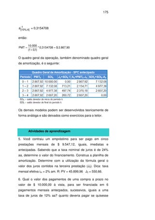 175
-1
[10%;4]
a = 0,3154708
então:
2.867,90$0,3154708*
)1,01(
000.10
PMT =
+
=
O quadro geral da operação, também denominado quadro geral
de amortização, é o seguinte:
Os demais modelos podem ser desenvolvidos teoricamente de
forma análoga e são deixados como exercícios para o leitor.
Atividades de aprendizagem
5. Você contraiu um empréstimo para ser pago em cinco
prestações mensais de $ 9.547,12, iguais, imediatas e
antecipadas. Sabendo que a taxa nominal de juros é de 24%
aa, determine o valor do financiamento. Construa a planilha de
amortização. Determine com a utilização da fórmula geral o
valor dos juros contidos na terceira prestação (J3). Dica: taxa
mensal efetiva im = 2% am. R: PV = 45.899,96 J3 = 550,66.
6. Qual o valor dos pagamentos de uma compra a prazo no
valor de $ 10.000,00 à vista, para ser financiada em 6
pagamentos mensais antecpados, sucessivos, iguais a uma
taxa de juros de 12% aa? quanto deveria pagar se quisesse
 