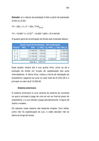 184
Solução: a) o cálculo da prestação é feito a partir da expressão
(5.34) ou (5.35):
]n%;i[1
n
1 FVF*SDi)i1(*SDiFV =+=
00,641.14$4641,1*000.10)10,01(*000.10FV 4
==+=
O quadro geral de amortização da dívida está mostrado abaixo:
Esse quadro mostra até a sua quarta linha, como se dá a
evolução da dívida em função da capitalização dos juros
intermediários. A última linha, mostra a forma de liquidação do
empréstimo: pagaram-se juros no valor total de $ 4.641,00 e o
principal no valor de $ 10.000,00.
Sistema americano
O sistema americano é uma variante do sistema do montante
na qual o principal é pago de uma só vez ao final do prazo do
empréstimo, e o juro devido é pago periodicamente. A figura 48
ilustra o modelo.
Os cálculos neste sistema são bastante simples. Com efeito,
como não há capitalização de juro, o saldo devedor não se
altera ao longo do tempo.
 