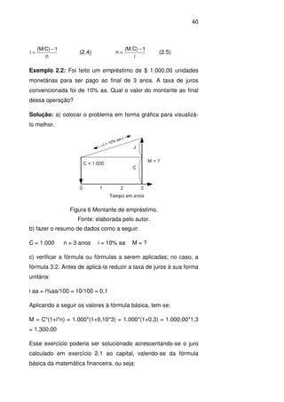 40
n
1(M/C)
i
−
= (2.4)
i
1C)M(
n
−
= (2.5)
Exemplo 2.2: Foi feito um empréstimo de $ 1.000,00 unidades
monetárias para ser pago ao final de 3 anos. A taxa de juros
convencionada foi de 10% aa. Qual o valor do montante ao final
dessa operação?
Solução: a) colocar o problema em forma gráfica para visualizá-
lo melhor.
Figura 6 Montante de empréstimo.
Fonte: elaborada pelo autor.
b) fazer o resumo de dados como a seguir:
C = 1.000 n = 3 anos i = 10% aa M = ?
c) verificar a fórmula ou fórmulas a serem aplicadas; no caso, a
fórmula 3.2. Antes de aplicá-la reduzir a taxa de juros à sua forma
unitária:
i aa = i%aa/100 = 10/100 = 0,1
Aplicando a seguir os valores à fórmula básica, tem-se:
M = C*(1+i*n) = 1.000*(1+0,10*3) = 1.000*(1+0,3) = 1.000,00*1,3
= 1.300,00
Esse exercício poderia ser solucionado acrescentando-se o juro
calculado em exercício 2.1 ao capital, valendo-se da fórmula
básica da matemática financeira, ou seja:
 