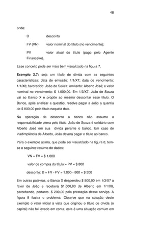 48
onde:
D desconto
FV (VN) valor nominal do título (no vencimento);
PV valor atual do título (pago pelo Agente
Financeiro).
Esse conceito pode ser mais bem visualizado na figura 7.
Exemplo 2.7: seja um título de dívida com as seguintes
características: data de emissão: 1/1/X7; data de vencimento:
1/1/X8; favorecido: João de Souza; emitente: Alberto José; e valor
nominal no vencimento: $ 1.000,00. Em 1/3/X7, João de Souza
vai ao Banco X e propõe ao mesmo descontar esse título. O
Banco, após analisar a questão, resolve pagar a João a quantia
de $ 800,00 pelo título naquela data.
Na operação de desconto o banco não assume a
responsabilidade plena pelo título: João de Souza é solidário com
Alberto José em sua dívida perante o banco. Em caso de
inadimplência de Alberto, João deverá pagar o título ao banco.
Para o exemplo acima, que pode ser visualizado na figura 8, tem-
se o seguinte resumo de dados:
VN = FV = $ 1.000
valor de compra do título = PV = $ 800
desconto: D = FV - PV = 1.000 - 800 = $ 200
Em outras palavras, o Banco X despendeu $ 800,00 em 1/3/X7 a
favor de João e receberá $1.000,00 de Alberto em 1/1/X8,
percebendo, portanto, $ 200,00 pela prestação desse serviço. A
figura 8 ilustra o problema. Observe que na solução deste
exemplo o valor inicial à vista que originou o título de dívida (o
capital) não foi levado em conta; esta é uma situação comum em
 