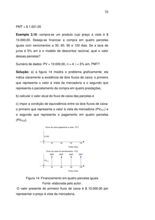72
PMT = $ 1.021,05
Exemplo 2.16: compra-se um produto cujo preço à vista é $
10.000,00. Deseja-se financiar a compra em quatro parcelas
iguais com vencimentos a 30, 60, 90 e 120 dias. Se a taxa de
juros é 5% am e o modelo de descontos racional, qual o valor
dessas parcelas?
Sumário de dados: PV = 10.000,00, n = 4, i = 5% am, PMT?
Solução: a) a figura 14 mostra o problema graficamente; ela
indica claramente a existência de dois fluxos de caixa: o primeiro
que representa o valor à vista da mercadoria e o segundo que
representa o parcelamento da compra em quatro prestações,
b) calcular o valor atual do fluxo de caixa das parcelas e
c) impor a condição de equivalência entre os dois fluxos de caixa:
o primeiro que representa o valor à vista da mercadoria (PVFC1) e
o segundo que representa o pagamento em quatro parcelas
(PVFC2).
Figura 14: Financiamento em quatro parcelas iguais
Fonte: elaborada pelo autor.
O valor presente do primeiro fluxo de caixa é $ 10.000,00 por
representar o preço à vista da mercadoria,
 
