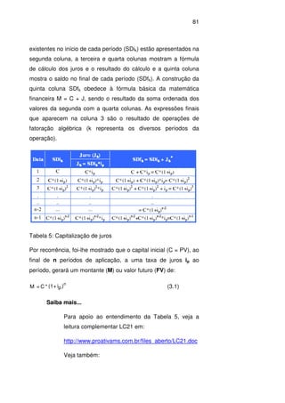 81
existentes no início de cada período (SDik) estão apresentados na
segunda coluna, a terceira e quarta colunas mostram a fórmula
de cálculo dos juros e o resultado do cálculo e a quinta coluna
mostra o saldo no final de cada período (SDfk). A construção da
quinta coluna SDfk obedece à fórmula básica da matemática
financeira M = C + J, sendo o resultado da soma ordenada dos
valores da segunda com a quarta colunas. As expressões finais
que aparecem na coluna 3 são o resultado de operações de
fatoração algébrica (k representa os diversos períodos da
operação).
Tabela 5: Capitalização de juros
Por recorrência, foi-lhe mostrado que o capital inicial (C = PV), ao
final de n períodos de aplicação, a uma taxa de juros ip ao
período, gerará um montante (M) ou valor futuro (FV) de:
)i+(1*C=M p
n
(3.1)
Saiba mais...
Para apoio ao entendimento da Tabela 5, veja a
leitura complementar LC21 em:
http://www.proativams.com.br/files_aberto/LC21.doc
Veja também:
 
