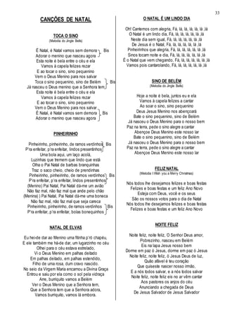 33
CANÇÕES DE NATAL
TOCA O SINO
(Melodia do Jingle Bells)
É Natal, é Natal vamos sem demora Bis
Adorar o menino que nasceu agora
Esta noite é bela entre o céu e ela
Vamos à capela felizes rezar
E ao tocar o sino, sino pequenino
Vem o Deus Menino para nos salvar
Toca o sino pequenino, sino de Belém Bis
Já nasceu o Deus menino que a Senhora tem
Esta noite é bela entre o céu e ela
Vamos à capela felizes rezar
E ao tocar o sino, sino pequenino
Vem o Deus Menino para nos salvar
É Natal, é Natal vamos sem demora Bis
Adorar o menino que nasceu agora
PINHEIRINHO
Pinheirinho, pinheirinho, de ramos verdinhos Bis
P’ra enfeitar, p’ra enfeitar, lindos presentinhos
Uma bola aqui, um laço acolá,
Luzinhas que tremem que lindo que está
Olha o Pai Natal de barbas branquinhas
Traz o saco cheio, cheio de prendinhas
Pinheirinho, pinheirinho, de ramos verdinhos Bis
P’ra enfeitar, p’ra enfeitar, lindos presentinhos
(Menino) Pai Natal, Pai Natal dá-me um avião
Não faz mal, não faz mal que ande pelo chão
(Menina) ) Pai Natal, Pai Natal dá-me uma boneca
Não faz mal, não faz mal que seja careca
Pinheirinho, pinheirinho, de ramos verdinhos Bis
P’ra enfeitar, p’ra enfeitar, bolas bonequinhos
NATAL DE ELVAS
Eu hei-de dar ao Menino uma fitinha p’ró chapéu,
E ele também me há-de dar, um lugarzinho no céu
Olhei para o céu estava estrelado,
Vi o Deus Menino em palhas deitado
Em palhas deitado, em palhas estendido,
Filho de uma rosa, dum cravo nascido.
No seio da Virgem Maria encarnou a Divina Graça
Entrou e saiu por ela como o sol pela vidraça
Arre, burriquito vamos a Belém
Ver o Deus Menino que a Senhora tem,
Que a Senhora tem que a Senhora adora,
Vamos burriquito, vamos lá embora.
O NATAL É UM LINDO DIA
Oh! Cantemos com alegria, Fá, lá, lá, lá, lá, lá ,lá
O Natal é um lindo dia, Fá, lá, lá, lá, lá, lá ,lá
Neste dia sem igual, Fá, lá, lá, lá, lá, lá ,lá
De Jesus é o Natal, Fá, lá, lá, lá, lá, lá ,lá
Pinheirinhos que alegria, Fá, lá, lá, lá, lá, lá ,lá
Sinos tocam noite e dia, Fá, lá, lá, lá, lá, lá ,lá
É o Natal que vem chegando, Fá, lá, lá, lá, lá, lá ,lá
Vamos pois cantarolando, Fá, lá, lá, lá, lá, lá ,lá
SINO DE BELÉM
(Melodia do Jingle Bells)
Hoje a noite é bela, juntos eu e ela
Vamos à capela felizes a cantar
Ao soar o sino, sino pequenino
Deus Jesus Menino nos abençoará
Bate o sino pequenino, sino de Belém
Já nasceu o Deus Menino para o nosso bem
Paz na terra, pede o sino alegre a cantar
Abençoe Deus Menino este nosso lar
Bate o sino pequenino, sino de Belém
Já nasceu o Deus Menino para o nosso bem
Paz na terra, pede o sino alegre a cantar
Abençoe Deus Menino este nosso lar
FELIZ NATAL
(Melodia I Wish you a Merry Christmas)
Nós todos lhe desejamos felizes e boas festas
Felizes e boas festas e um feliz Ano Novo
Esteja com Deus, você e os seus
São os nossos votos para o dia de Natal
Nós todos lhe desejamos felizes e boas festas
Felizes e boas festas e um feliz Ano Novo
NOITE FELIZ
Noite feliz, noite feliz, O Senhor Deus amor,
Pobrezinho, nasceu em Belém
Eis na lapa Jesus nosso bem
Dorme em paz ó Jesus, dorme em paz ó Jesus
Noite feliz, noite feliz, ó Jesus Deus de luz,
Quão afável é teu coração
Que quiseste nascer nosso irmão,
E a nós todos salvar, e a nós todos salvar
Noite feliz, noite feliz eis no ar vêm cantar
Aos pastores os anjos do céu
Anunciando a chegada de Deus
De Jesus Salvador de Jesus Salvador
 
