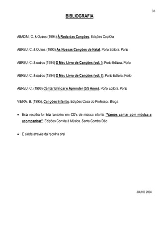 36
BIBLIOGRAFIA
ABADIM, C. & Outros (1994) À Roda das Canções. Edições CopiOla
ABREU, C. & Outros (1993) As Nossas Canções de Natal. Porto Editora. Porto
ABREU, C. & outros (1994) O Meu Livro de Canções (vol. I). Porto Editora. Porto
ABREU, C. & outros (1994) O Meu Livro de Canções (vol. II). Porto Editora. Porto
ABREU, C. (1998) Cantar Brincar e Aprender (3/5 Anos). Porto Editora. Porto
VIEIRA, B. (1995). Canções Infantis. Edições Casa do Professor. Braga
 Esta recolha foi feita também em CD’s de música infantis “Vamos cantar com música a
acompanhar”. Edições Convite à Música. Santa Comba Dão
 E ainda através da recolha oral
JULHO 2004
 
