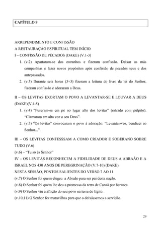 29
CAPÍTULO 9
ARREPENDIMENTO E CONFISSÃO
A RESTAURAÇÃO ESPIRITUAL TEM INÍCIO
I – CONFISSÃO DE PECADOS (DAKE) (V.1-3)
1. (v.2) Apartaram-se dos estranhos e fizeram confissão. Deixar as más
companhias e fazer novos propósitos após confissão de pecados seus e dos
antepassados.
2. (v.3) Durante seis horas (3+3) fizeram a leitura do livro da lei do Senhor,
fizeram confissão e adoraram a Deus.
II – OS LEVITAS EXORTAM O POVO A LEVANTAR-SE E LOUVAR A DEUS
(DAKE)(V.4-5)
1. (v.4) “Puseram-se em pé no lugar alto dos levitas” (estrado com púlpito).
“Clamaram em alta voz o seu Deus”.
2. (v.5) “Os levitas” convocaram o povo à adoração: “Levantai-vos, bendizei ao
Senhor...”.
III – OS LEVITAS CONFESSSAM A COMO CRIADOR E SOBERANO SOBRE
TUDO (V.6)
(v.6) – “Tu só és Senhor”
IV – OS LEVITAS RECONHECEM A FIDELIDADE DE DEUS A ABRAÃO E A
ISRAEL NOS 430 ANOS DE PEREGRINAÇÃO (V.7-10) (DAKE)
NESTA SESSÃO, PONTOS SALIENTES DO VERSO 7 AO 11
(v.7) O Senhor foi quem elegeu a Abraão para ser pai desta nação.
(v.8) O Senhor foi quem lhe deu a promessa da terra de Canaã por herança.
(v.9) O Senhor viu a aflição do seu povo na terra do Egito.
(v.10,11) O Senhor fez maravilhas para que o deixássemos a servidão.
 
