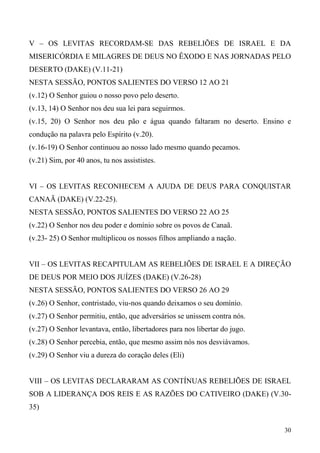 30
V – OS LEVITAS RECORDAM-SE DAS REBELIÕES DE ISRAEL E DA
MISERICÓRDIA E MILAGRES DE DEUS NO ÊXODO E NAS JORNADAS PELO
DESERTO (DAKE) (V.11-21)
NESTA SESSÃO, PONTOS SALIENTES DO VERSO 12 AO 21
(v.12) O Senhor guiou o nosso povo pelo deserto.
(v.13, 14) O Senhor nos deu sua lei para seguirmos.
(v.15, 20) O Senhor nos deu pão e água quando faltaram no deserto. Ensino e
condução na palavra pelo Espírito (v.20).
(v.16-19) O Senhor continuou ao nosso lado mesmo quando pecamos.
(v.21) Sim, por 40 anos, tu nos assististes.
VI – OS LEVITAS RECONHECEM A AJUDA DE DEUS PARA CONQUISTAR
CANAÃ (DAKE) (V.22-25).
NESTA SESSÃO, PONTOS SALIENTES DO VERSO 22 AO 25
(v.22) O Senhor nos deu poder e domínio sobre os povos de Canaã.
(v.23- 25) O Senhor multiplicou os nossos filhos ampliando a nação.
VII – OS LEVITAS RECAPITULAM AS REBELIÕES DE ISRAEL E A DIREÇÃO
DE DEUS POR MEIO DOS JUÍZES (DAKE) (V.26-28)
NESTA SESSÃO, PONTOS SALIENTES DO VERSO 26 AO 29
(v.26) O Senhor, contristado, viu-nos quando deixamos o seu domínio.
(v.27) O Senhor permitiu, então, que adversários se unissem contra nós.
(v.27) O Senhor levantava, então, libertadores para nos libertar do jugo.
(v.28) O Senhor percebia, então, que mesmo assim nós nos desviávamos.
(v.29) O Senhor viu a dureza do coração deles (Eli)
VIII – OS LEVITAS DECLARARAM AS CONTÍNUAS REBELIÕES DE ISRAEL
SOB A LIDERANÇA DOS REIS E AS RAZÕES DO CATIVEIRO (DAKE) (V.30-
35)
 