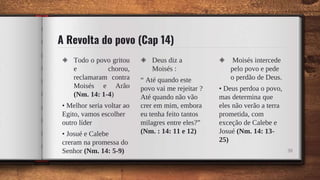 A Revolta do povo (Cap 14)
◈ Todo o povo gritou
e chorou,
reclamaram contra
Moisés e Arão
(Nm. 14: 1-4)
• Melhor seria voltar ao
Egito, vamos escolher
outro líder
• Josué e Calebe
creram na promessa do
Senhor (Nm. 14: 5-9)
◈ Deus diz a
Moisés :
“ Até quando este
povo vai me rejeitar ?
Até quando não vão
crer em mim, embora
eu tenha feito tantos
milagres entre eles?”
(Nm. : 14: 11 e 12)
◈ Moisés intercede
pelo povo e pede
o perdão de Deus.
• Deus perdoa o povo,
mas determina que
eles não verão a terra
prometida, com
exceção de Calebe e
Josué (Nm. 14: 13-
25)
38
 
