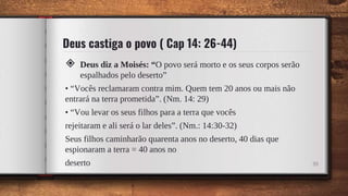 Deus castiga o povo ( Cap 14: 26-44)
◈ Deus diz a Moisés: “O povo será morto e os seus corpos serão
espalhados pelo deserto”
• “Vocês reclamaram contra mim. Quem tem 20 anos ou mais não
entrará na terra prometida”. (Nm. 14: 29)
• “Vou levar os seus filhos para a terra que vocês
rejeitaram e ali será o lar deles”. (Nm.: 14:30-32)
Seus filhos caminharão quarenta anos no deserto, 40 dias que
espionaram a terra = 40 anos no
deserto 39
 