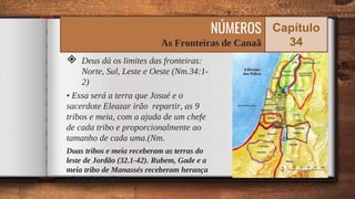 ◈ Deus dá os limites das fronteiras:
Norte, Sul, Leste e Oeste (Nm.34:1-
2)
• Essa será a terra que Josué e o
sacerdote Eleazar irão repartir, as 9
tribos e meia, com a ajuda de um chefe
de cada tribo e proporcionalmente ao
tamanho de cada uma.(Nm.
Duas tribos e meia receberam as terras do
leste de Jordão (32.1-42). Rubem, Gade e a
meia tribo de Manassés receberam herança
a leste do Jordão.
63
NÚMEROS
As Fronteiras de Canaã
Capítulo
34
 