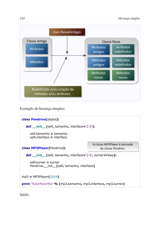 118 Herança simples
Exemplo de herança simples:
class Pendrive(object):
def __init__(self, tamanho, interface='2.0'):
self.tamanho = tamanho
self.interface = interface
class MP3Player(Pendrive):
def __init__(self, tamanho, interface='2.0', turner=False):
self.turner = turner
Pendrive.__init__(self, tamanho, interface)
mp3 = MP3Player(1024)
print '%sn%sn%s' % (mp3.tamanho, mp3.interface, mp3.turner)
Saída:
A classe MP3Player é derivada
da classe Pendrive.
A classe MP3Player é derivada
da classe Pendrive.
Classe Antiga
Métodos
Atributos
Classe Nova
Métodos
antigos
Métodos
redefinidos
Métodos
novos
Atributos
antigos
Atributos
redefinidos
Atributos
novos
class Nova(Antiga):
Redefinição e/ou criação de
métodos e/ou atributos.
 