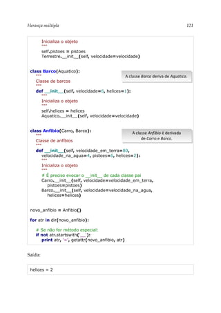 Herança múltipla 121
Inicializa o objeto
"""
self.pistoes = pistoes
Terrestre.__init__(self, velocidade=velocidade)
class Barco(Aquatico):
"""
Classe de barcos
"""
def __init__(self, velocidade=6, helices=1):
"""
Inicializa o objeto
"""
self.helices = helices
Aquatico.__init__(self, velocidade=velocidade)
class Anfibio(Carro, Barco):
"""
Classe de anfíbios
"""
def __init__(self, velocidade_em_terra=80,
velocidade_na_agua=4, pistoes=6, helices=2):
"""
Inicializa o objeto
"""
# É preciso evocar o __init__ de cada classe pai
Carro.__init__(self, velocidade=velocidade_em_terra,
pistoes=pistoes)
Barco.__init__(self, velocidade=velocidade_na_agua,
helices=helices)
novo_anfibio = Anfibio()
for atr in dir(novo_anfibio):
# Se não for método especial:
if not atr.startswith('__'):
print atr, '=', getattr(novo_anfibio, atr)
Saída:
helices = 2
A classe Anfibio é derivada
de Carro e Barco.
A classe Anfibio é derivada
de Carro e Barco.
A classe Barco deriva de Aquatico.
A classe Barco deriva de Aquatico.
 