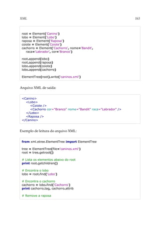 XML 163
root = Element('Canino')
lobo = Element('Lobo')
raposa = Element('Raposa')
coiote = Element('Coiote')
cachorro = Element('Cachorro', nome='Bandit',
raca='Labrador', cor='Branco')
root.append(lobo)
root.append(raposa)
lobo.append(coiote)
lobo.append(cachorro)
ElementTree(root).write('caninos.xml')
Arquivo XML de saída:
<Canino>
<Lobo>
<Coiote />
<Cachorro cor="Branco" nome="Bandit" raca="Labrador" />
</Lobo>
<Raposa />
</Canino>
Exemplo de leitura do arquivo XML:
from xml.etree.ElementTree import ElementTree
tree = ElementTree(file='caninos.xml')
root = tree.getroot()
# Lista os elementos abaixo do root
print root.getchildren()
# Encontra o lobo
lobo = root.find('Lobo')
# Encontra o cachorro
cachorro = lobo.find('Cachorro')
print cachorro.tag, cachorro.attrib
# Remove a raposa
 